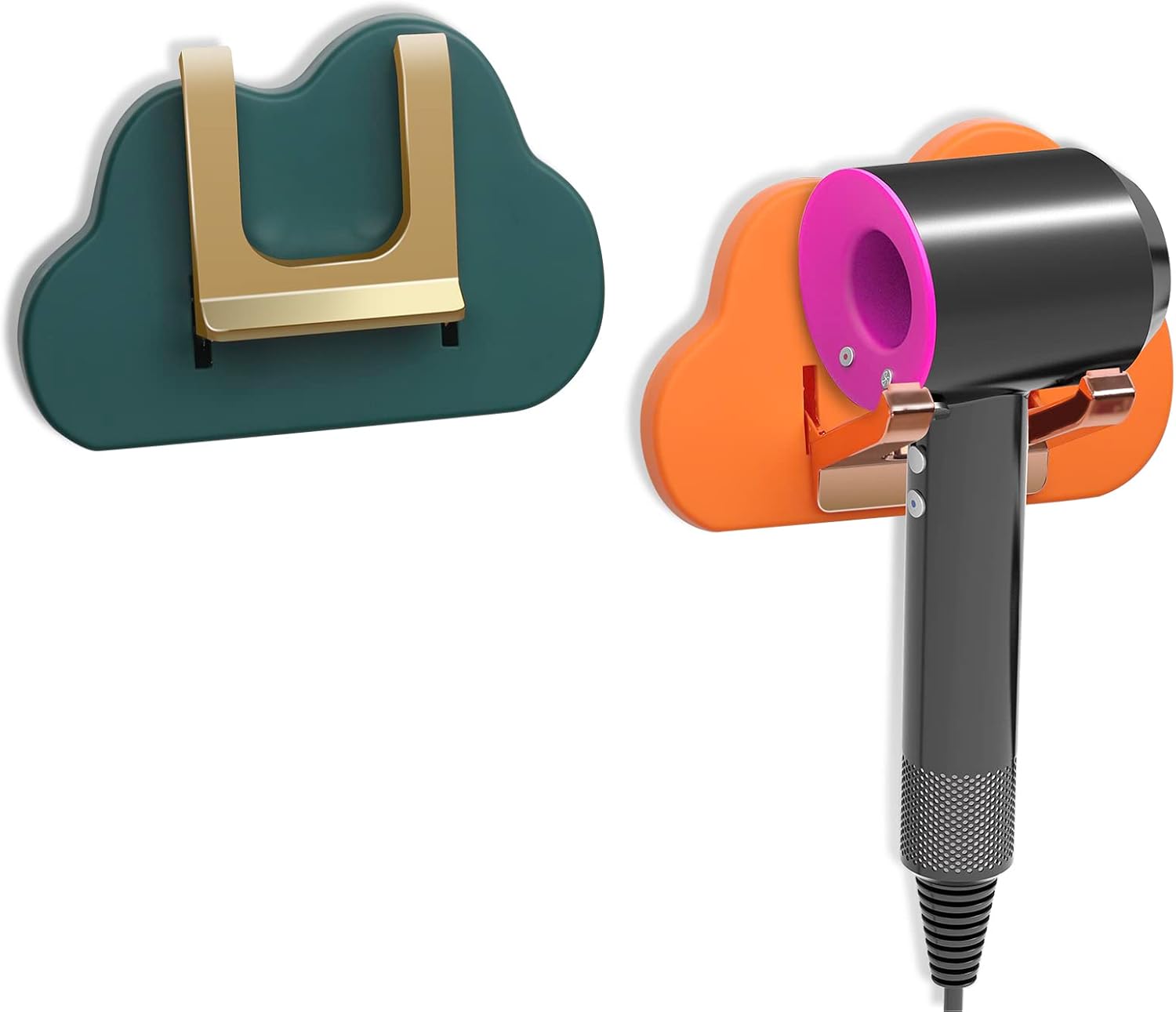 2 Pack Universal Hair Dryer Holder Wall Mounted, Blow Dryer Hanger Wall Mount for Hair Dryer Hook with Plug&Cord Organizer Self Adhesive for Cabinet Bathroom(Orange and Green)