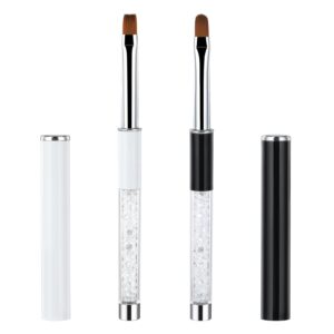 2 Pcs Builder Gel Brush 15cm with lid Nail Art Brushes Rhinestone Handle Oval & Flat UV Builder Nail Brush Set Professional Oval UV Gel Nail Brushes for Nail Salon Home DIY Nail Art