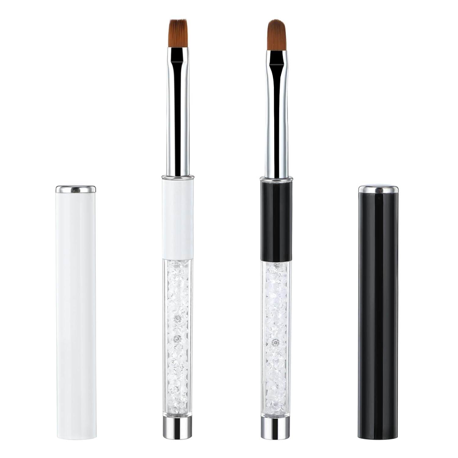 2 Pcs Builder Gel Brush 15cm with lid Nail Art Brushes Rhinestone Handle Oval & Flat UV Builder Nail Brush Set Professional Oval UV Gel Nail Brushes for Nail Salon Home DIY Nail Art