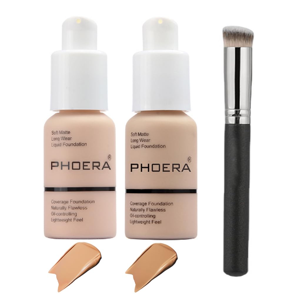 2 Piece 30ml Matte Full Coverage Liquid Foundation Set with Kabuki Brush Buff Beige & Sand - Image 6