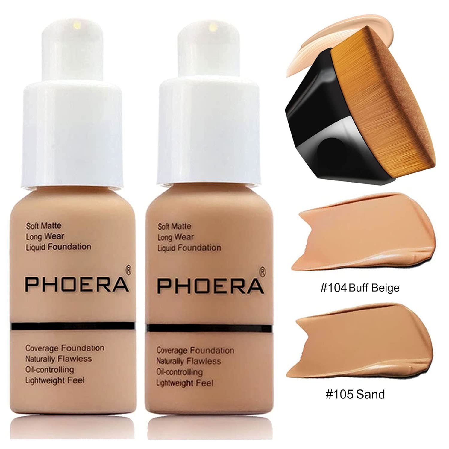 2 Piece 30ml Matte Full Coverage Liquid Foundation Set with Kabuki Brush Buff Beige & Sand - Image 2