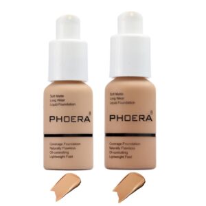 2 Pcs Liquid Foundation Full Coverage 24HR 30ml Matte Oil Control Foundation Makeup Concealer (Buff Beige & Sand) with Kabuki Foundation Brush Flat Top