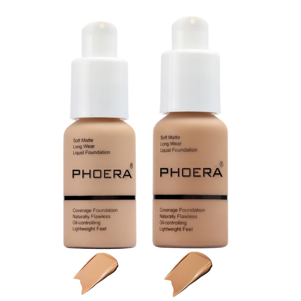2 Pcs Liquid Foundation Full Coverage 24HR 30ml Matte Oil Control Foundation Makeup Concealer (Buff Beige & Sand) with Kabuki Foundation Brush Flat Top