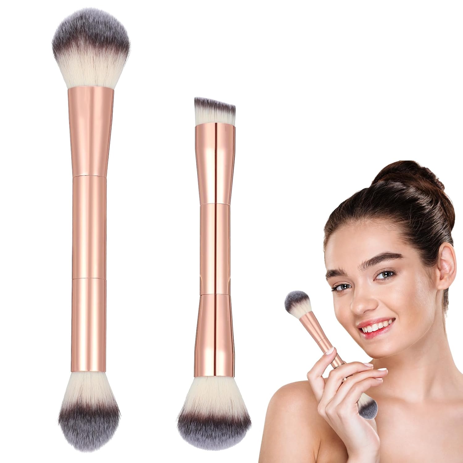 2 Pcs Foundation Makeup Brushes Double-Ended Foundation Makeup Brush Round Concealer Brushor Liquid Cream Blush Blending Buffing Concealer Dual Sided Make Up Brushes (Gold)