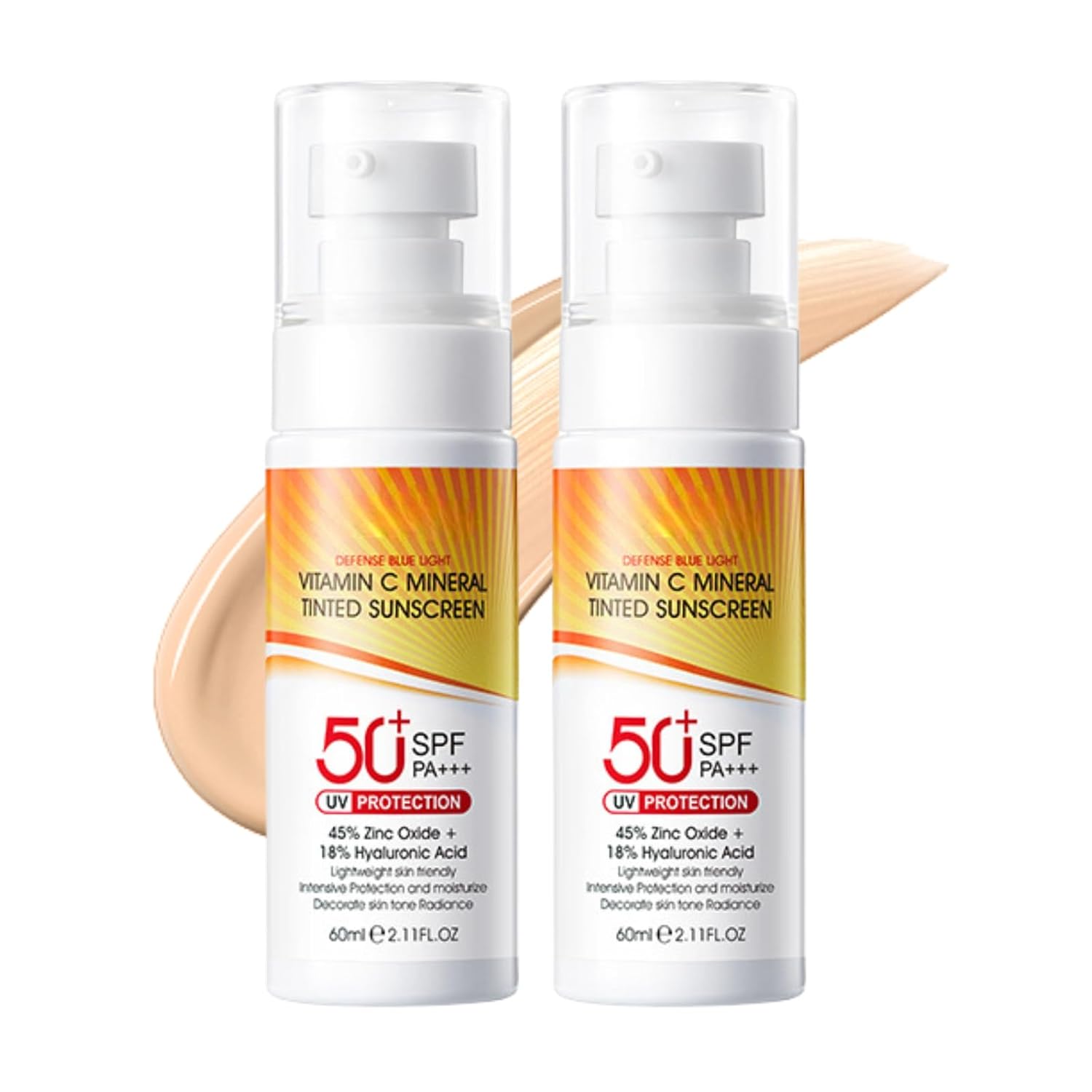 2 Pcs Tinted Mineral Sunscreen for Face - Tinted Moisturizer with SPF 50+ with Zinc Oxide - Face Sunscreen for Women Men - Fa ce Sun screen Lotion with Hyaluronic Acid & Vitamin C, Water & Sweat Proof