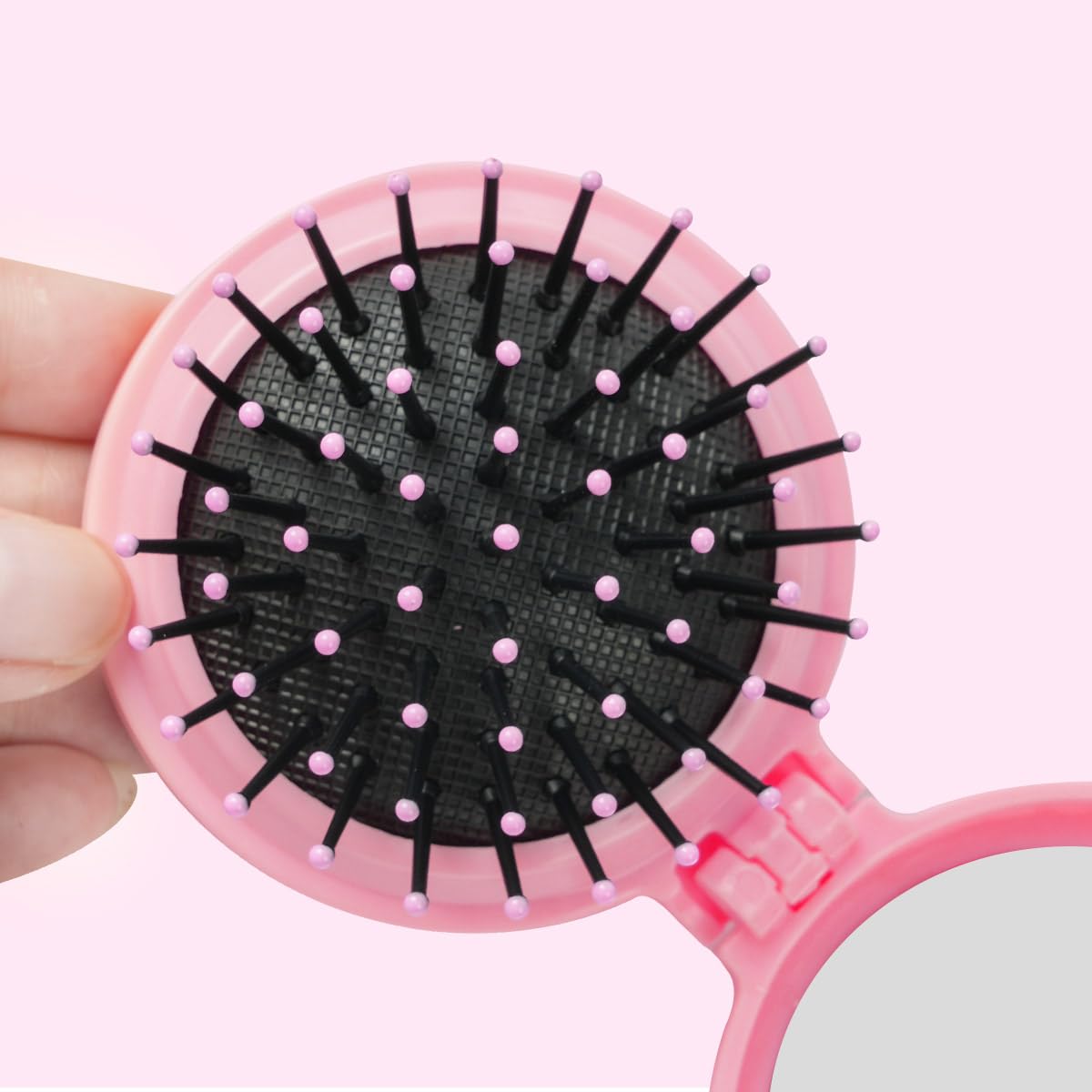 2-Piece Pink Mini Folding Travel Hair Brush Set with Integrated Mirror for Women and Girls - Image 6