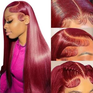 22 Inch 99J Burgundy Lace Front Wigs Human Hair 13x4 Straight Lace Front Wigs Human Hair Pre Plucked Burgundy Wig Human Hair Wine Red Wigs for Women 180% Density Red Colored Wigs Human Hair