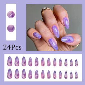 24Pcs Purple Smudge Press On Nails - Medium Almond, Glossy Amber Marble Design, Stiletto Acrylic, Full Cover False Nails for Women & Girls