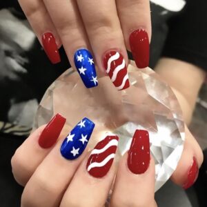 24 Pcs Independence Day Press on Nails Coffin Medium Fake Nails with American Flag Design Acrylic Glue on Nails Patriotic False Nails Glossy Full Cover 4th of July Stick on Nails for Women Girls