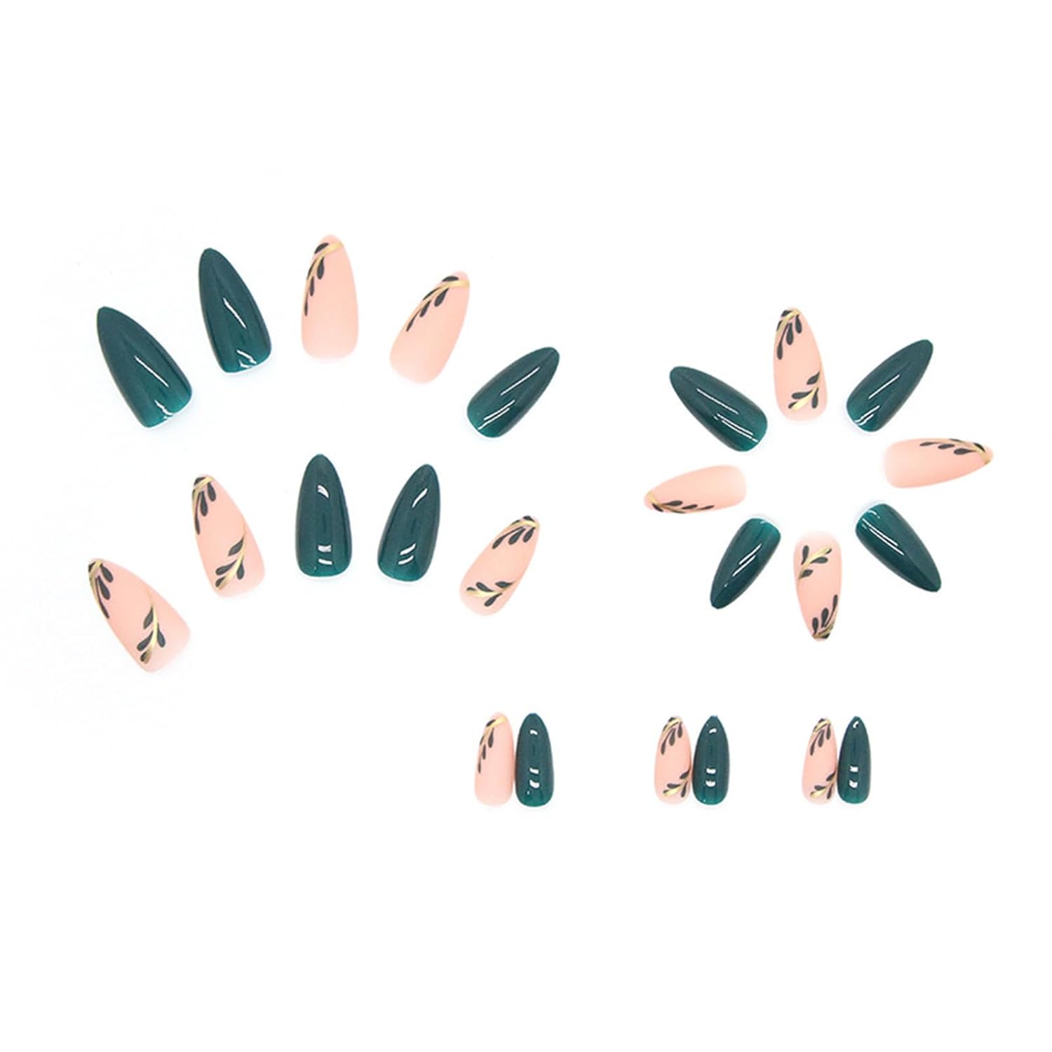 24 Pcs Medium Length Almond Shaped Press on Nails in Green with Gold Leaf Designs - Image 3