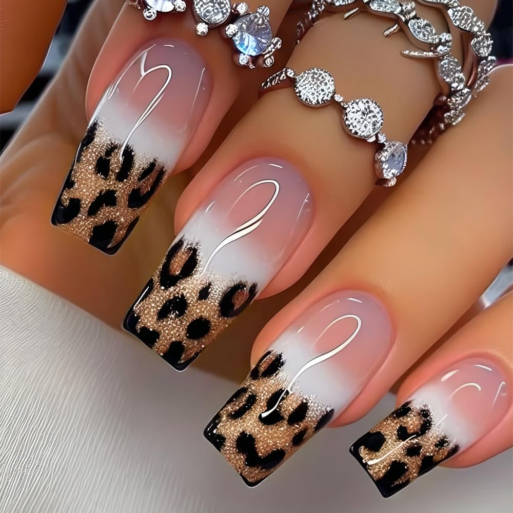 24 Pcs Leopard French Press on Nails Medium Square WLGDLH Fake Nails Nude Pink False Nails Press Ons With Glitter Designs Glossy Nail Tips Full Cover Acrylic Nail Kit for Women