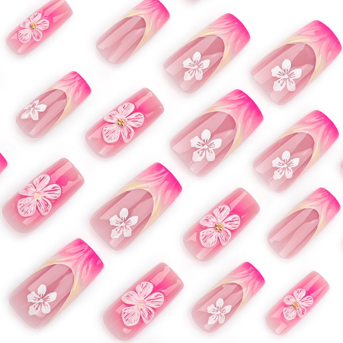 24 Pcs Medium Square Yellow French Tip Press-On Nails with White Flower Accents - Image 3