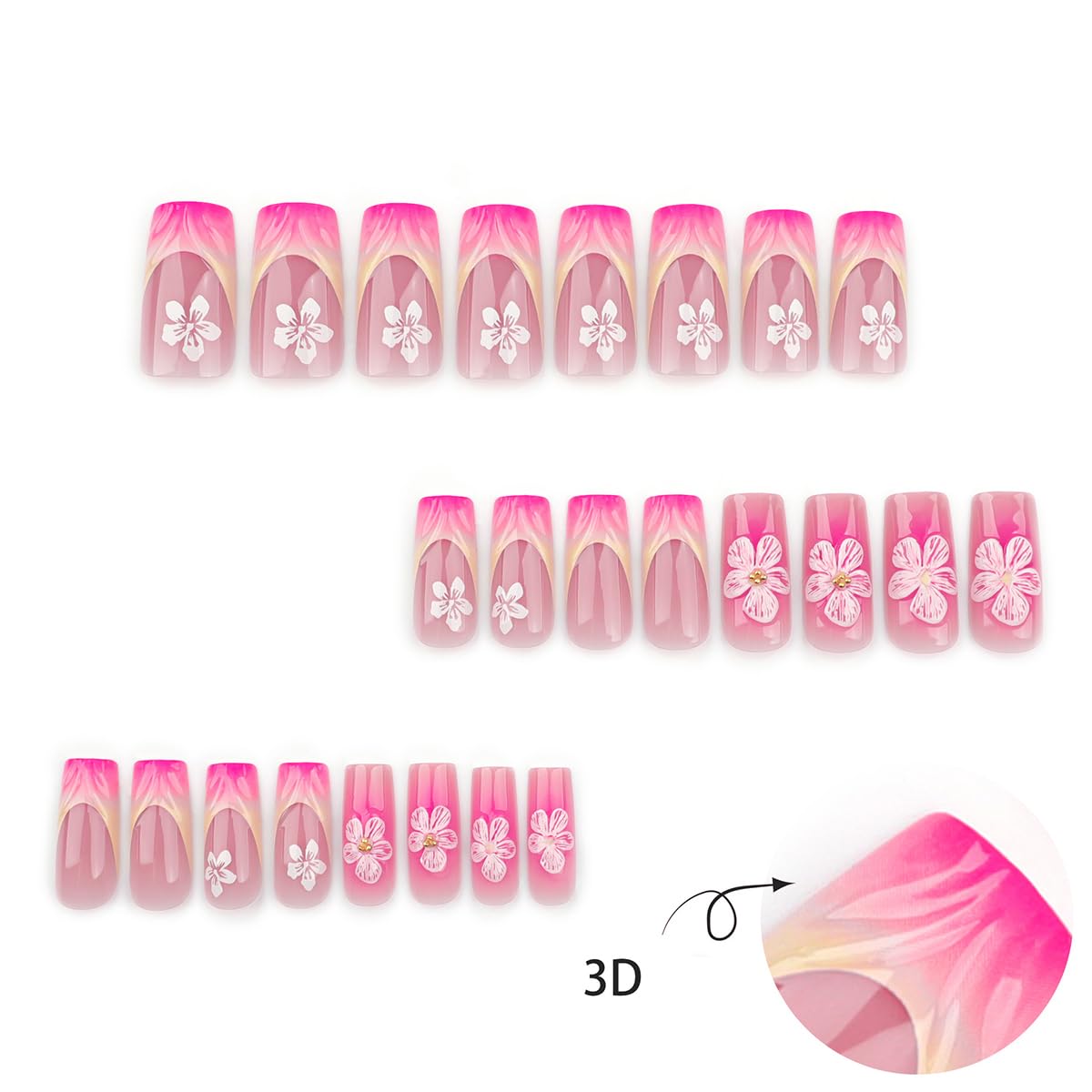 24 Pcs Medium Square Yellow French Tip Press-On Nails with White Flower Accents - Image 2