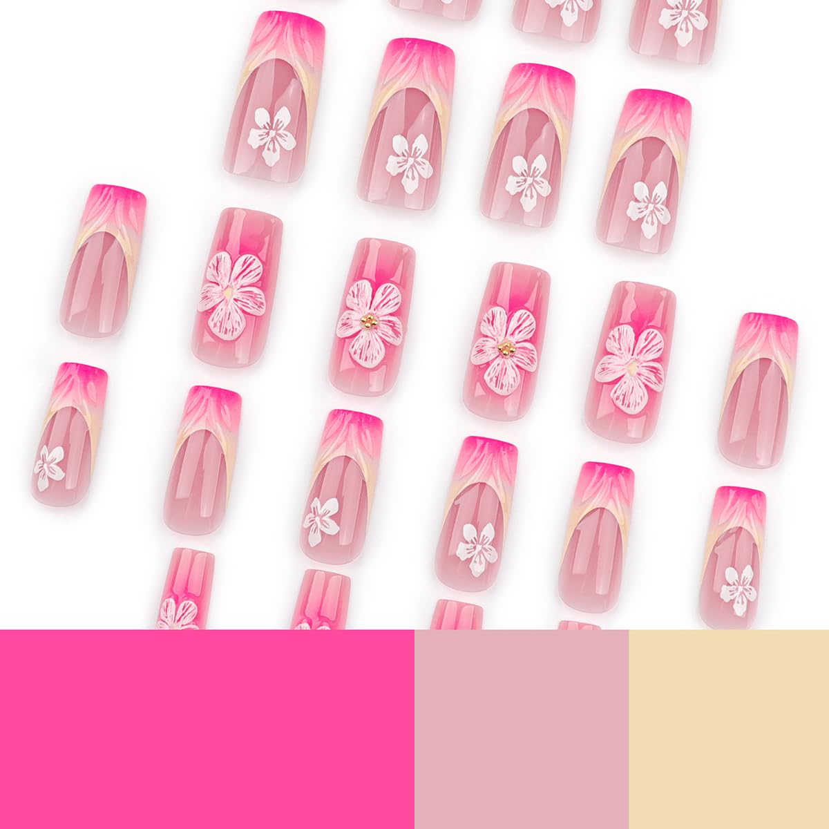 24 Pcs Medium Square Yellow French Tip Press-On Nails with White Flower Accents - Image 8