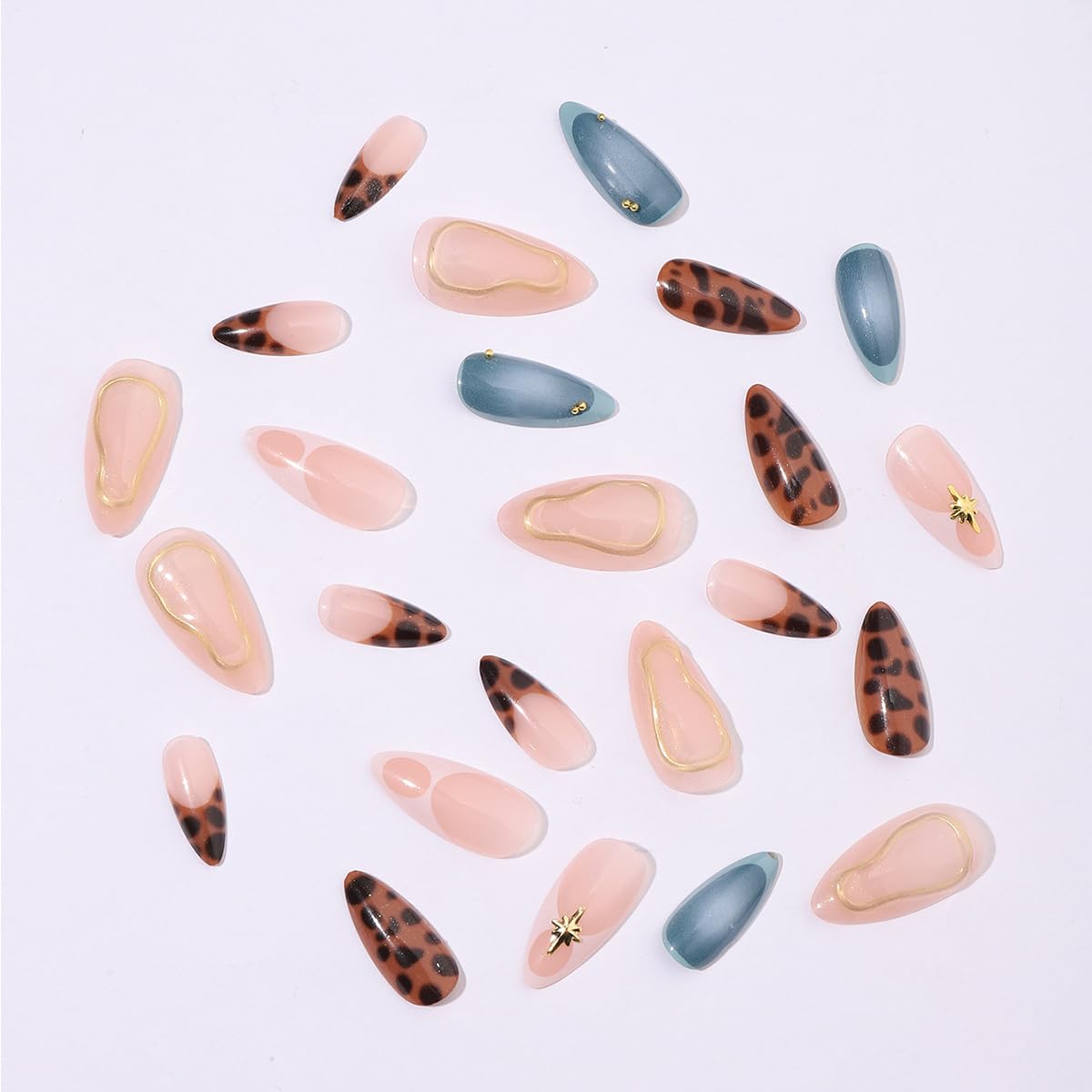24 Pc Reusable Almond Shape Leopard Print 3D Gold Star Press-On Fake Nails Set - Image 3