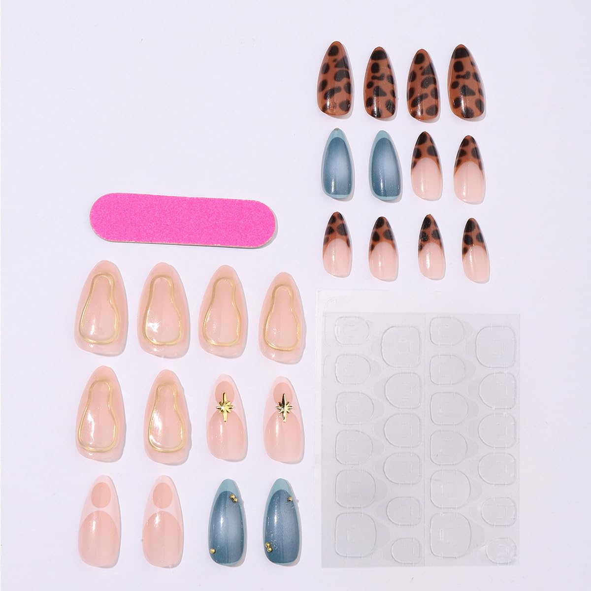 24 Pc Reusable Almond Shape Leopard Print 3D Gold Star Press-On Fake Nails Set - Image 2