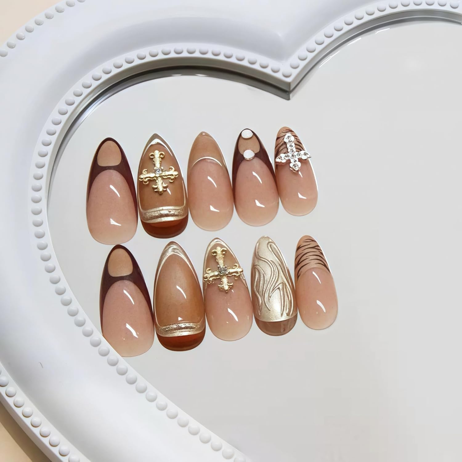24 Pcs Short Almond French Tip Press On Nails Natural Nude 3D Charms 12 Sizes - Image 4