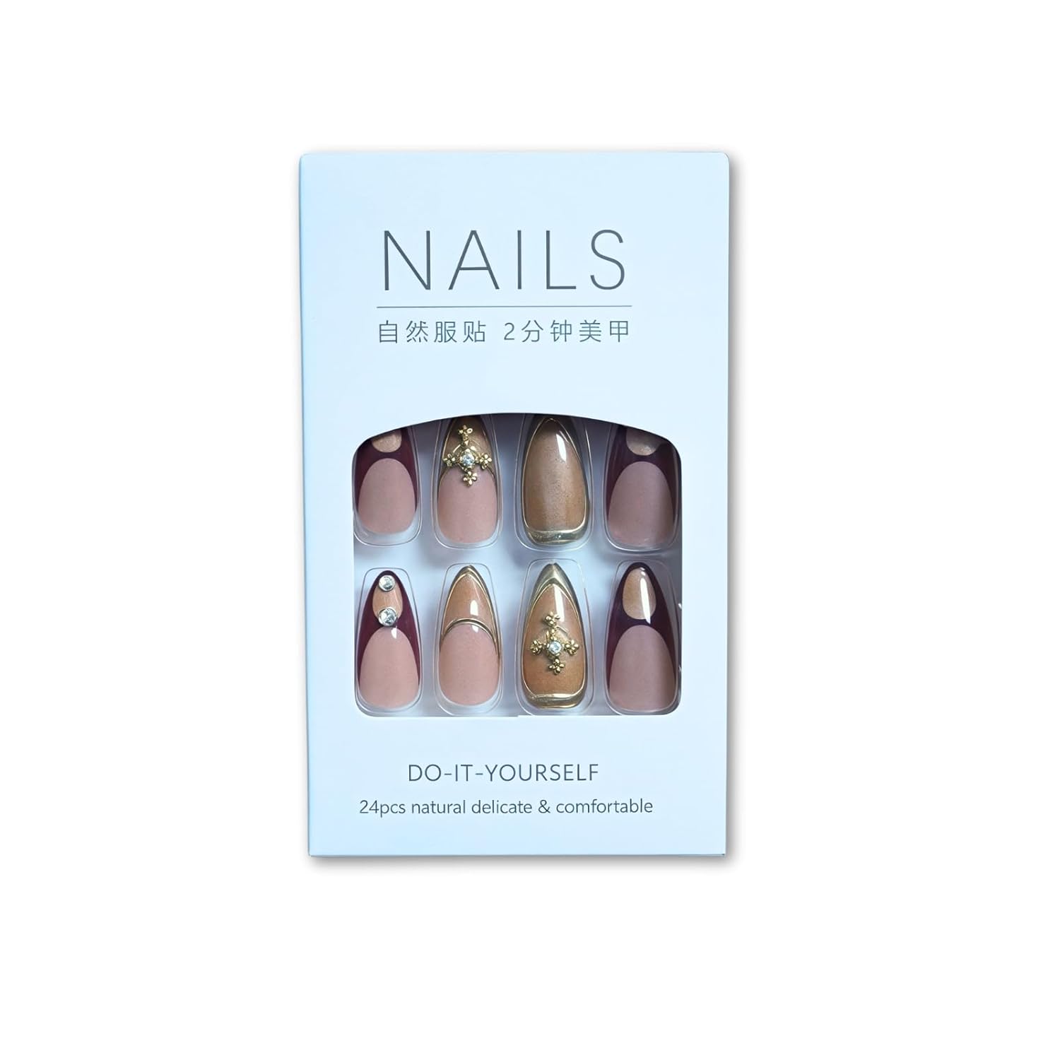 24 Pcs Short Almond French Tip Press On Nails Natural Nude 3D Charms 12 Sizes - Image 2
