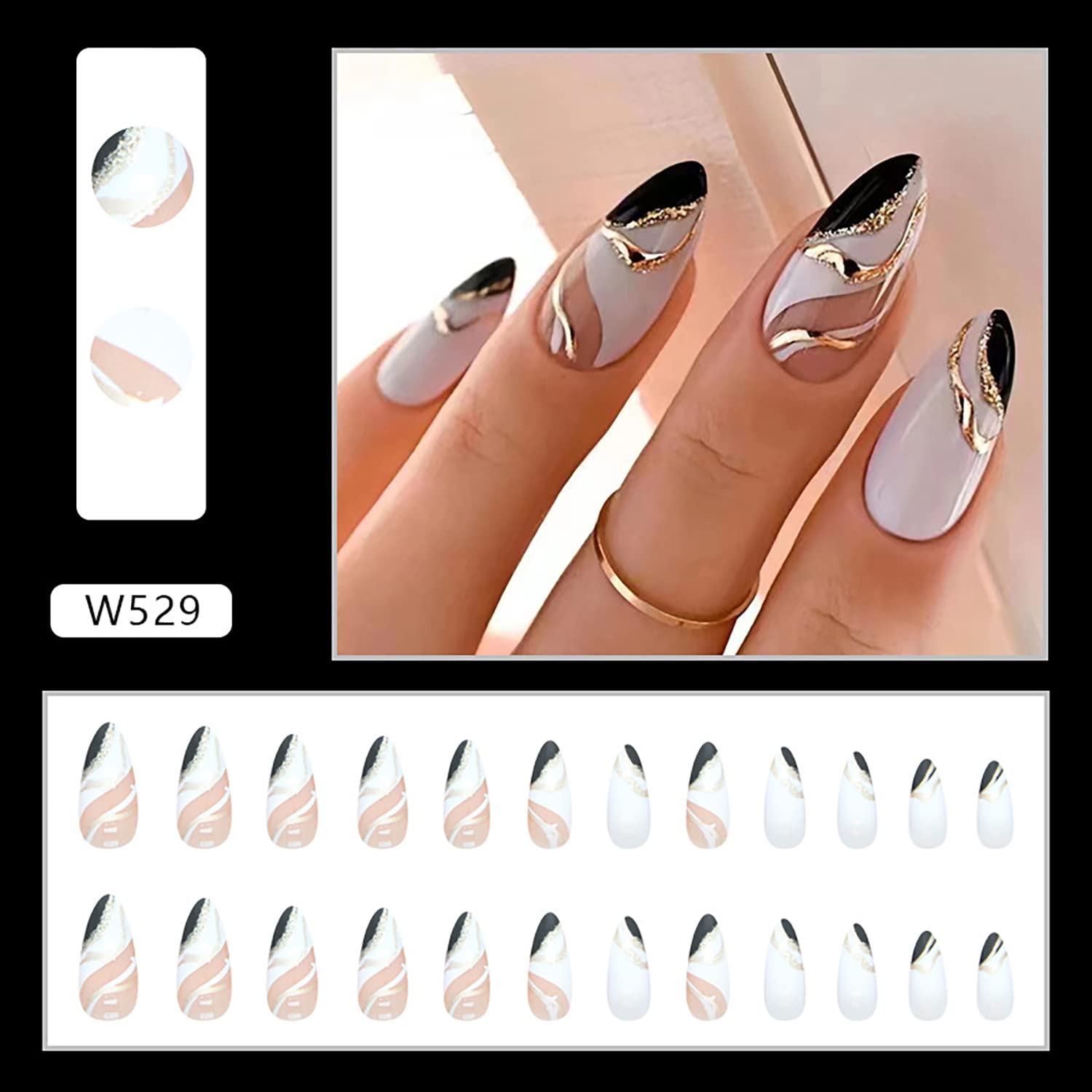 24 Piece Short Almond Press On Nails Black White Ripple Gold Foil - Image 4