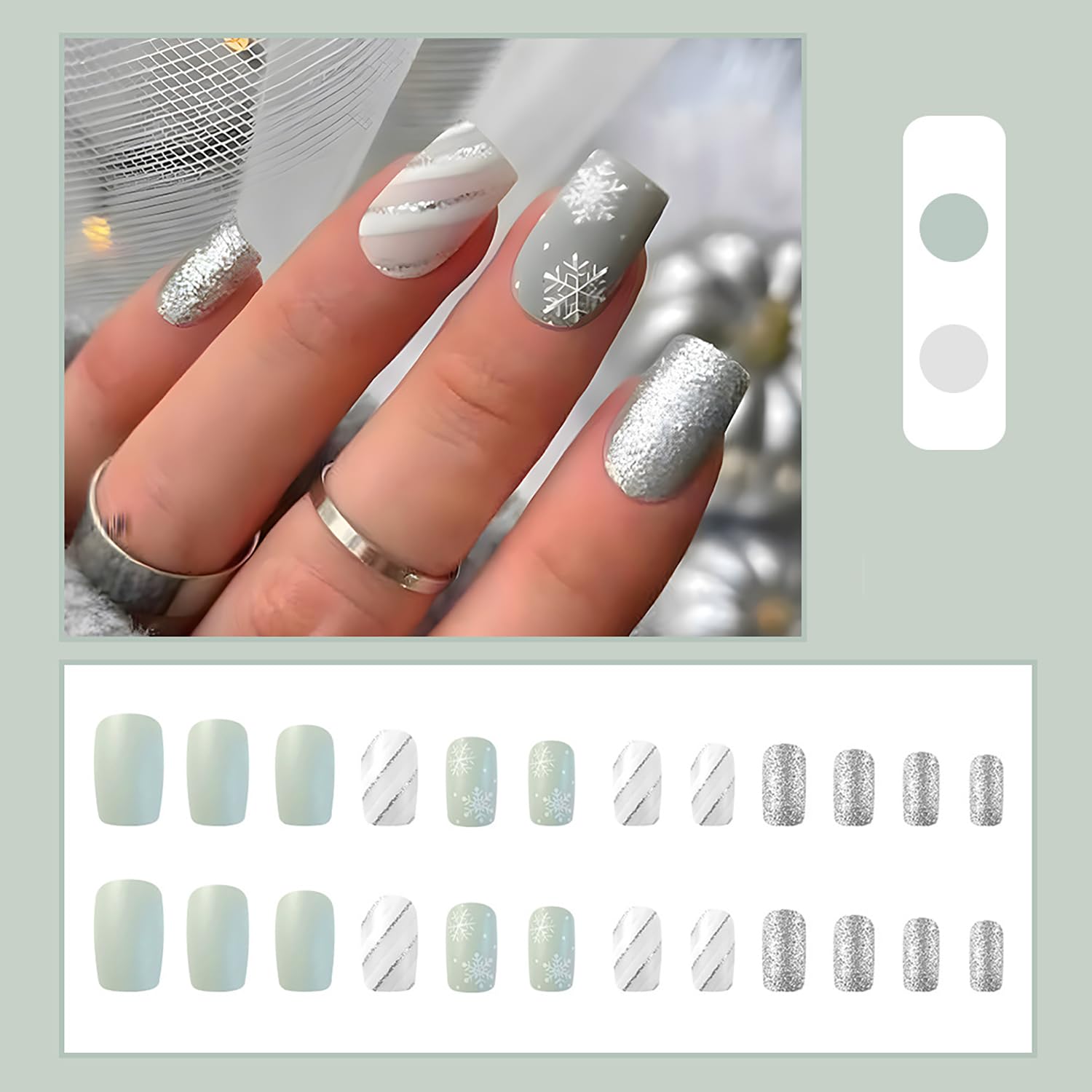 24 Piece Short Christmas Snowflake Stripe Press On Nails Kit for Women - Image 2