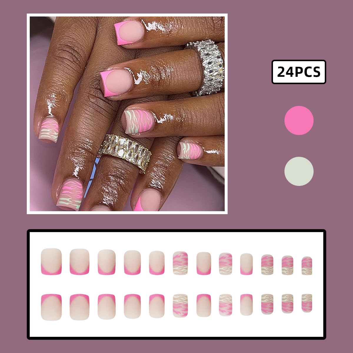 24 Pcs Short Square Frosted Pink Press-On Nails with Tiger Stripes Design for Women - Image 2