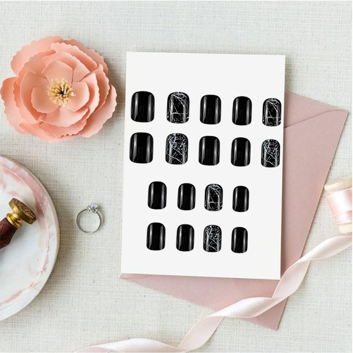 24 Pcs Short Square Glossy Black Press on Nails with Marble Designs for Nail Art - Image 2