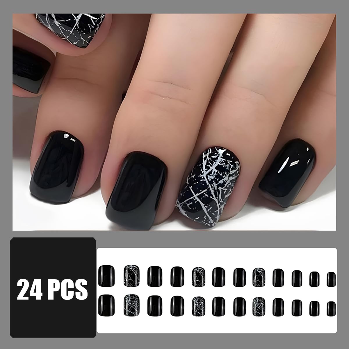 24 Pcs Short Square Glossy Black Press on Nails with Marble Designs for Nail Art - Image 6
