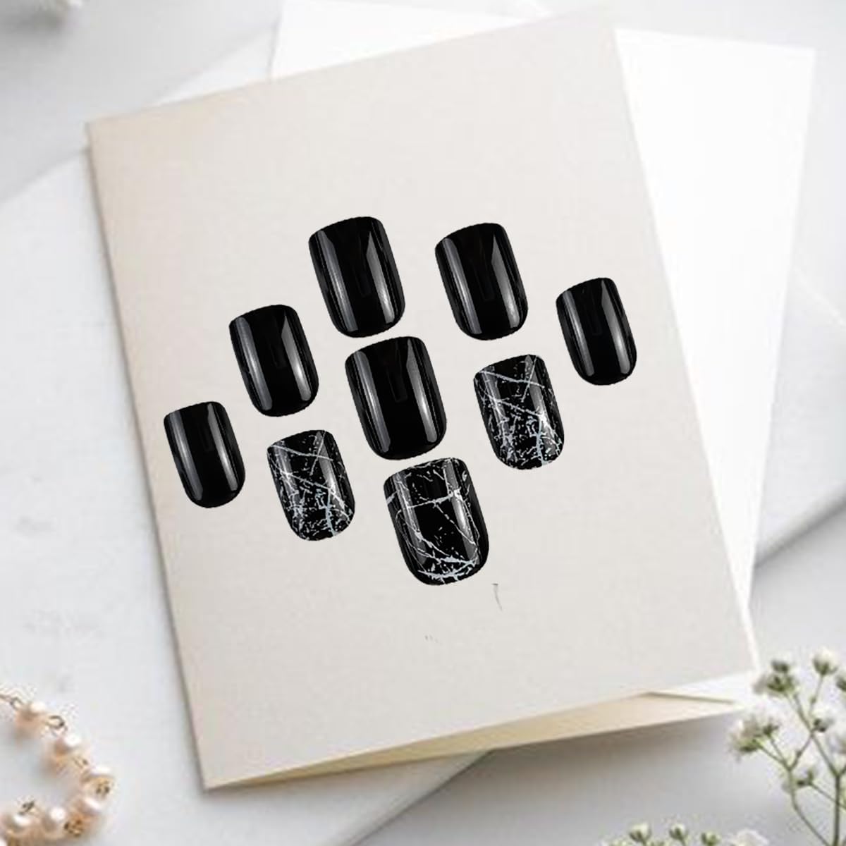 24 Pcs Short Square Glossy Black Press on Nails with Marble Designs for Nail Art - Image 3