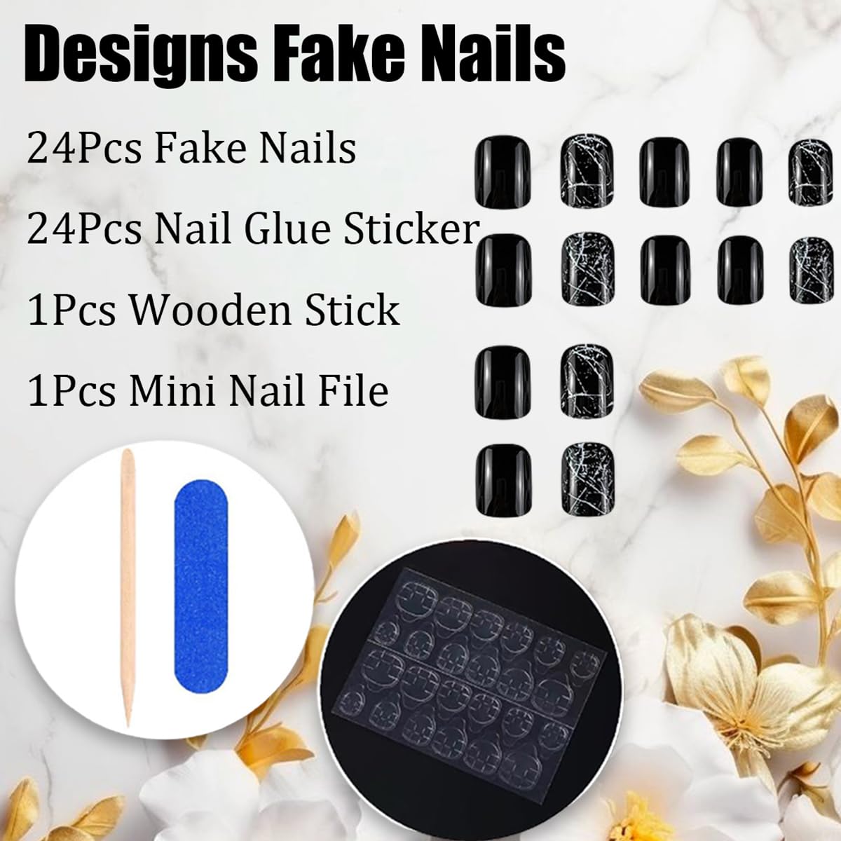 24 Pcs Short Square Glossy Black Press on Nails with Marble Designs for Nail Art - Image 4