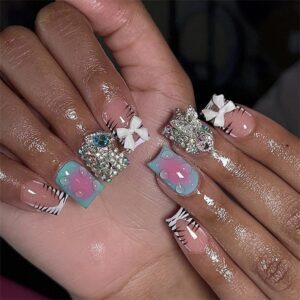 24 Pcs Spring Press on Nails Short Square,YIHONGYAN 3D Cute Bow Rhinestones Fake Nails Press ons Pink French Nail Tip Acrylic Kit Glue on Nails Full Cover False Nails Glitter Stick on Nails for Woman
