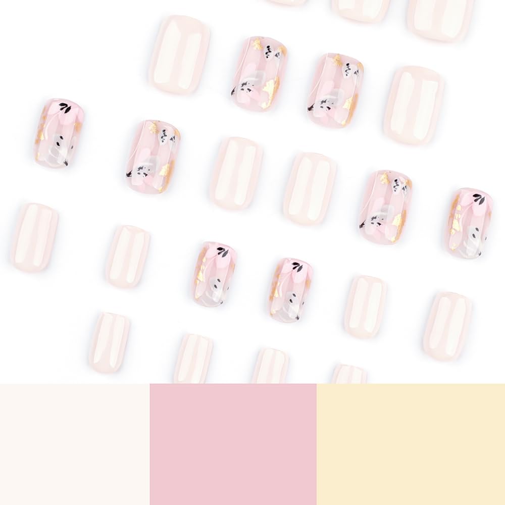 24 Piece Short Square Flower Glitter Acrylic Press On Nails Full Cover Kit for Women - Image 2