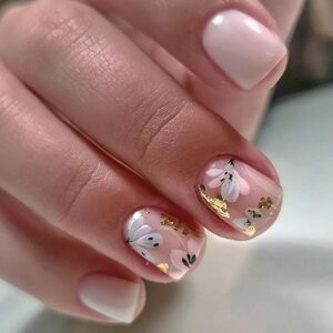 24 Pcs Press on Nails Short Square,LINMEIZAI White Cute Fake Nails Press ons Nail Kit Tips Glue on Nails Full Cover Acrylic False Nails with Flowers Gold Foil Glitter Glossy Nail Art Design for Women