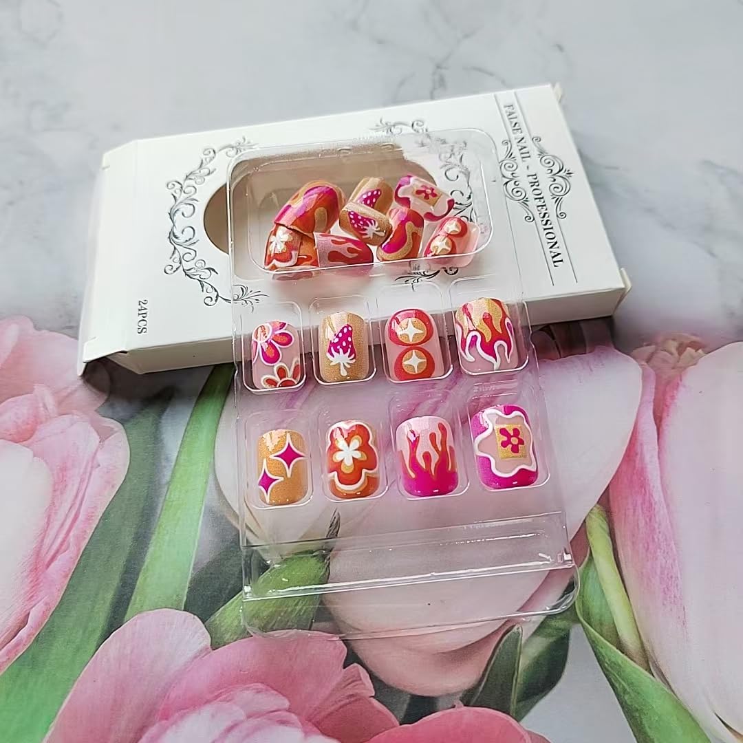 24 Piece Short Square Spring Orange Acrylic Press On Nails Manicure Kit for Women - Image 7