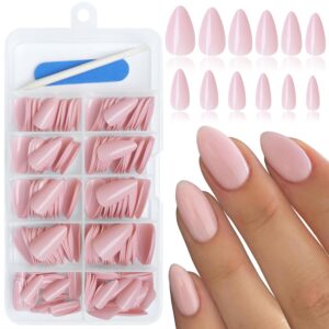 240Pcs Almond Press on Nails Short, Glossy Nude Pink Fake Nails Full Cute False Nails Solid Color Acrylic Almond Nails Press on with Adhesive Tabs for Women Girls Fingernails Artificial