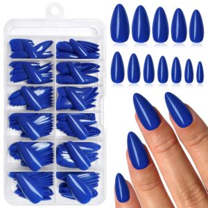 240PC Blue Almond Press on Nails Medium Fake Nails Press ons, False Acrylic Nails Press on Nails Almond Glue on Nails Artificial Nail Tips Fingernails Stick on Nails with Glue&Adhesive Tabs