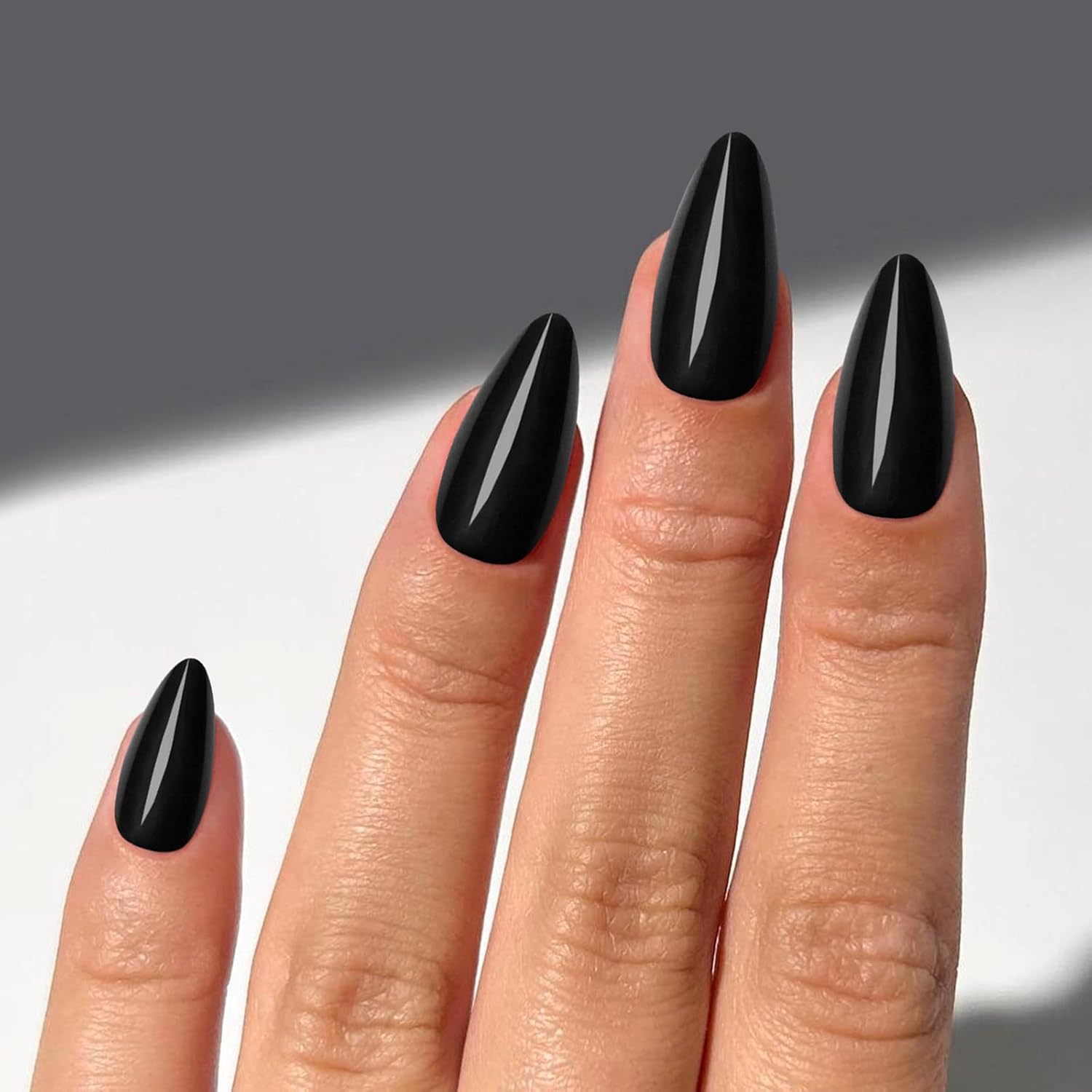 240 Piece Glossy Black Almond Shape Full Cover Acrylic Fake Nails for Women - Image 2