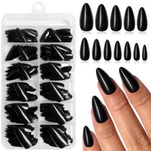 240Pcs Almond Press on Nails, Glossy Black Nails Press ons Full Cover Almond Fake Nails Acrylic Press on Nail Medium Glue on Nails for Women Girls