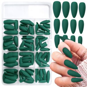 240pcs Almond Press on Nails, Matte Green Fake Nails Medium Acrylic Nails Press Ons False Glue on Nails Kit with 5 Sheets Adhesive Tabs for Women Girls