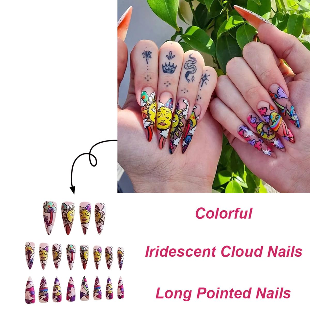 24 Piece Colorful Stiletto Sun Moon Cloud Press-On Nails for Manicure - Image 5