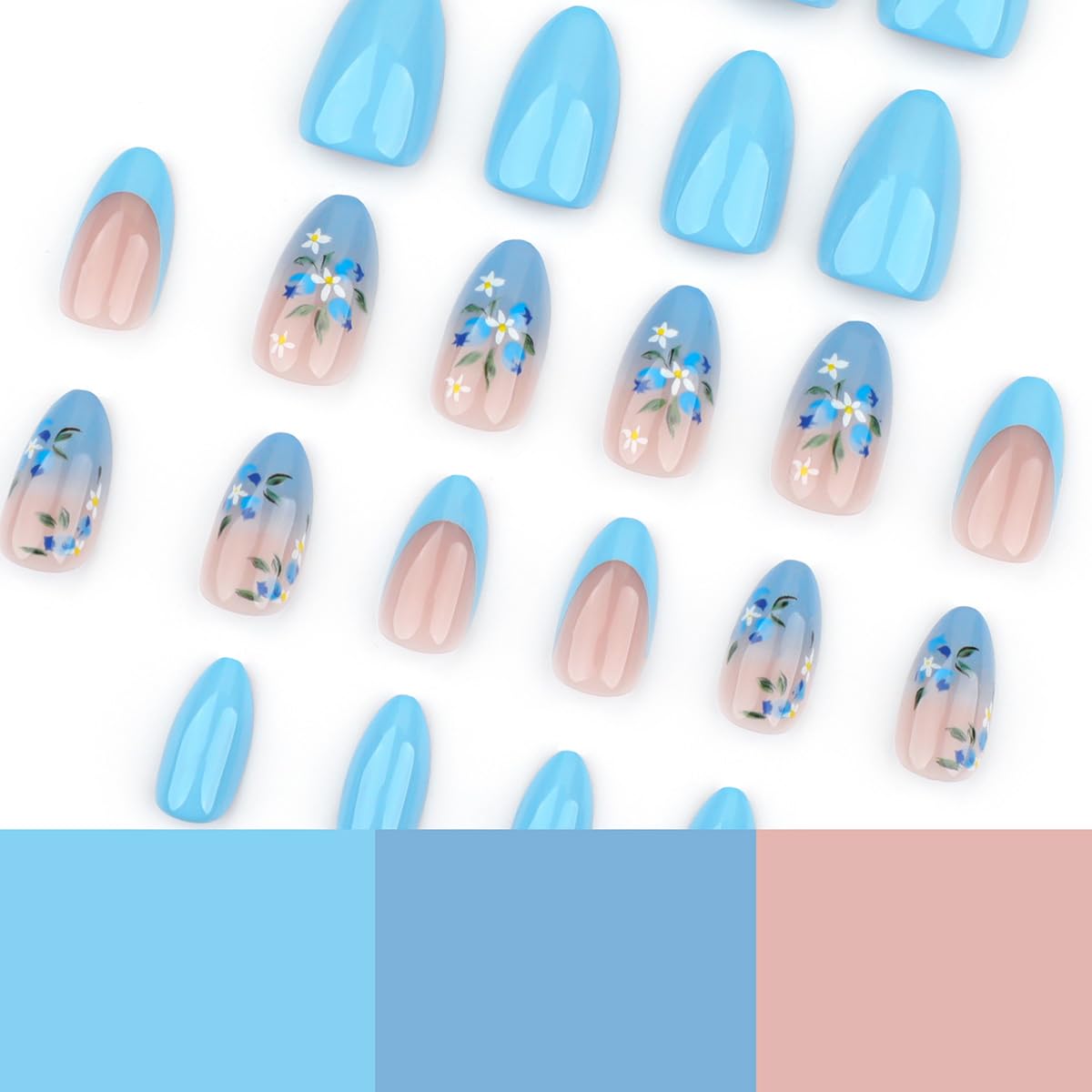 24Pcs Flower Press on Nails Medium Almond Fake Nails Blue Gradient Glue on Nails Full Cover Artificial Spring Summer Nails Stick on Nails French Tip False Nails Flower Designs for Women Acrylic Nails - Image 4