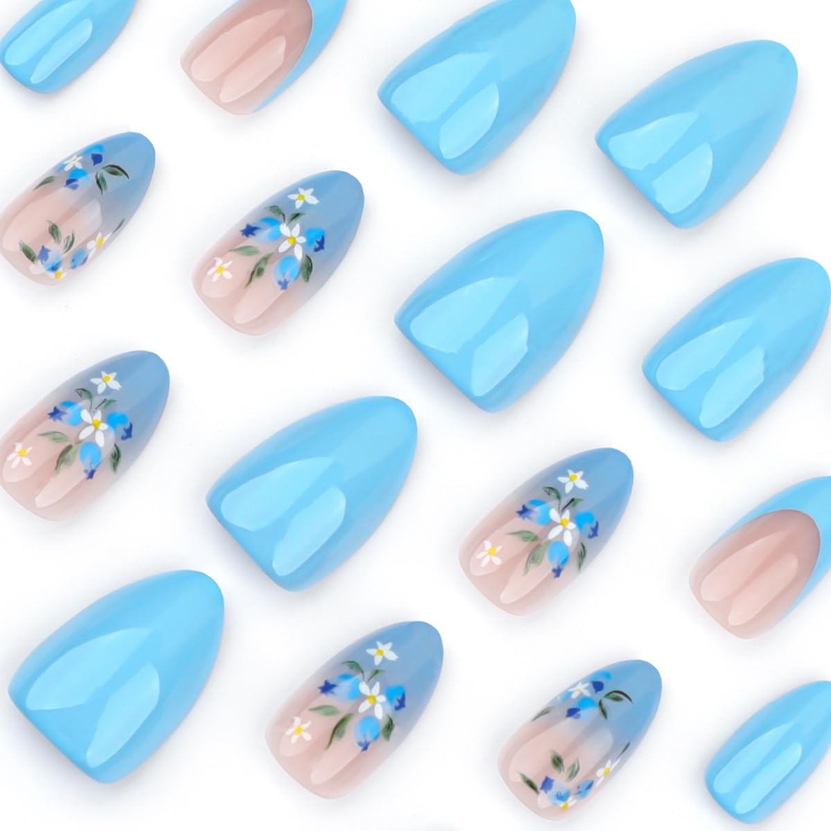 24Pcs Flower Press on Nails Medium Almond Fake Nails Blue Gradient Glue on Nails Full Cover Artificial Spring Summer Nails Stick on Nails French Tip False Nails Flower Designs for Women Acrylic Nails - Image 3
