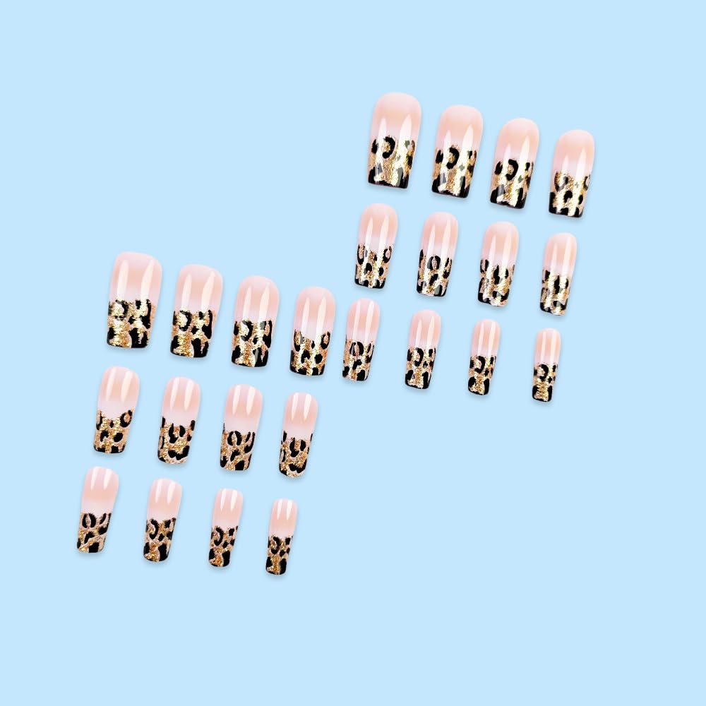 24 Piece Long Square Leopard French Press on Nails Pink White Gradient Glitter Set - Image 4