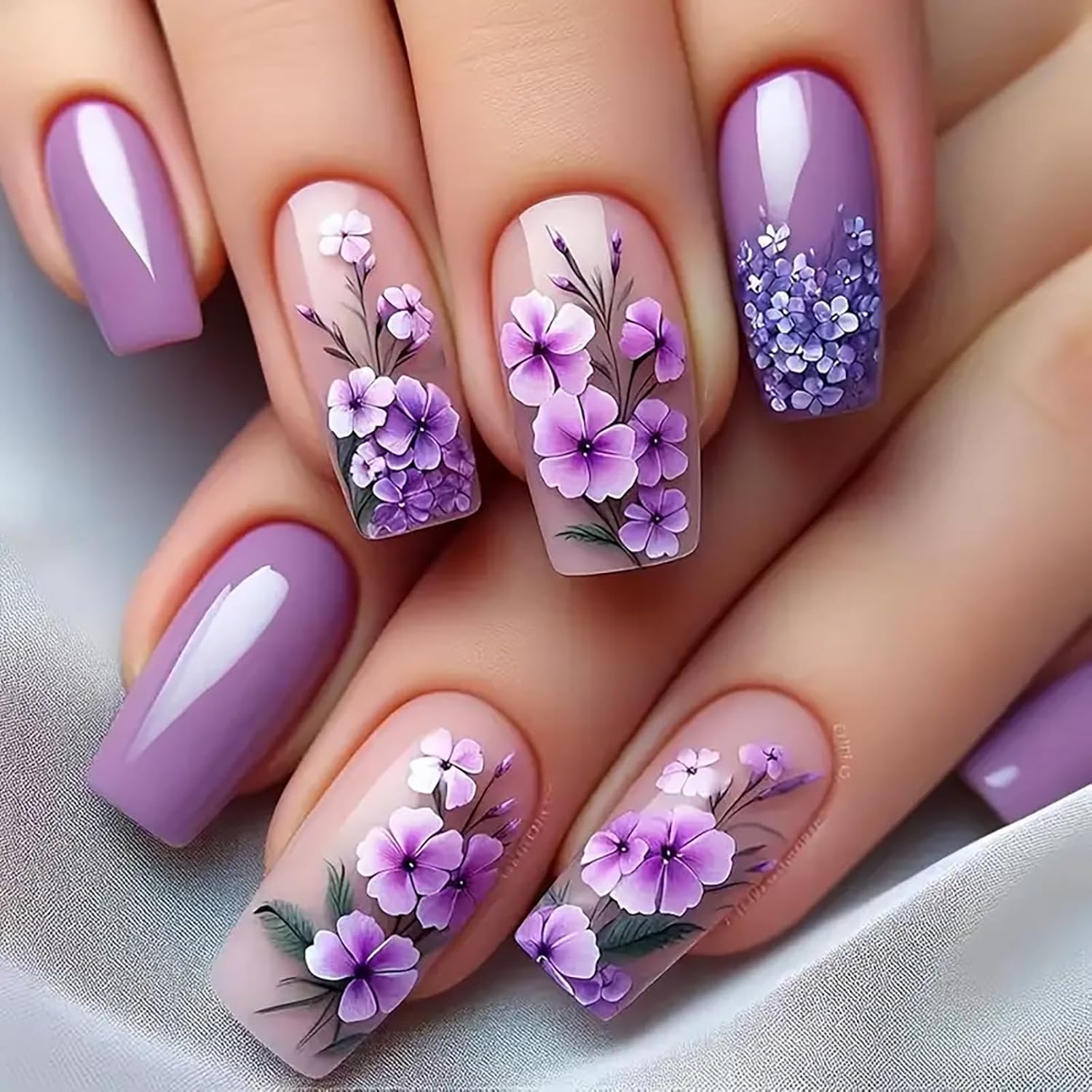24Pcs Purple Press on Nails Spring Fake Nails Purple Flower Design False Nails Long Square Acrylic Nails Full Cover Glossy Stick on Nails for Women Girls Spring Summer Nail Art Decor