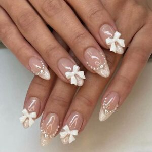 24Pcs White French Tip Press on Nails Medium Almond Fake Nails Pearls Bow Charms Full Cover Artificial Nude Pink Nails Glue on Nails Cute False Nails for Women Girls Acrylic Manicure Salon Decorations