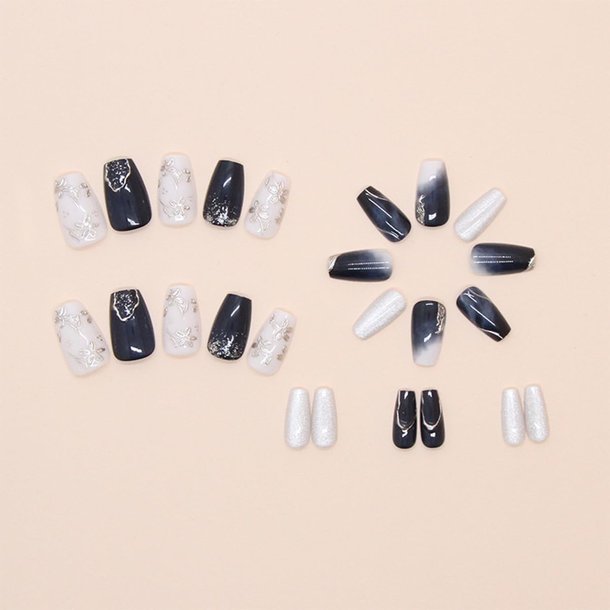 24Pcs Medium Blue Coffin Press on Nails with Silver Flower Designs and Glossy Finish - Image 5