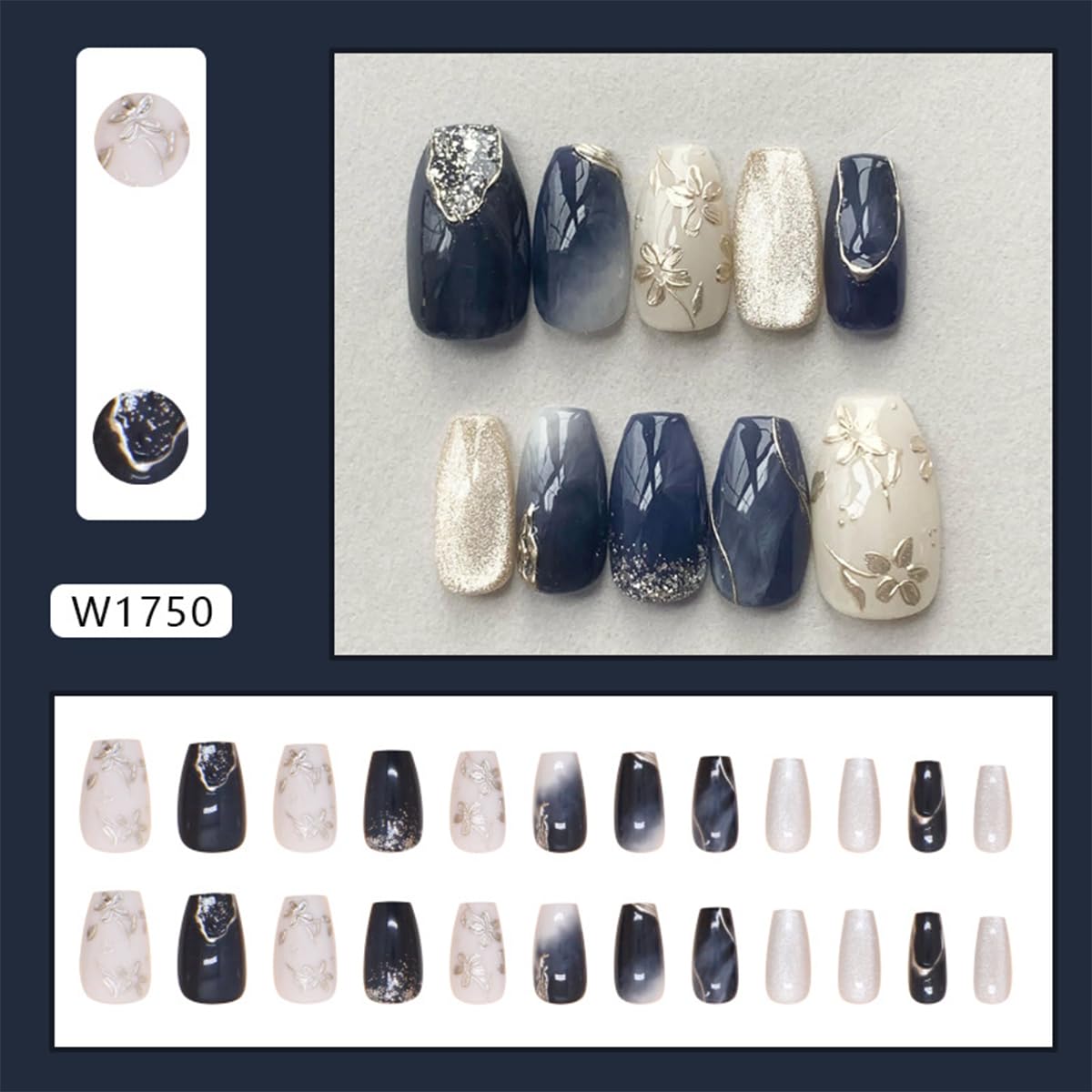 24Pcs Medium Blue Coffin Press on Nails with Silver Flower Designs and Glossy Finish - Image 2