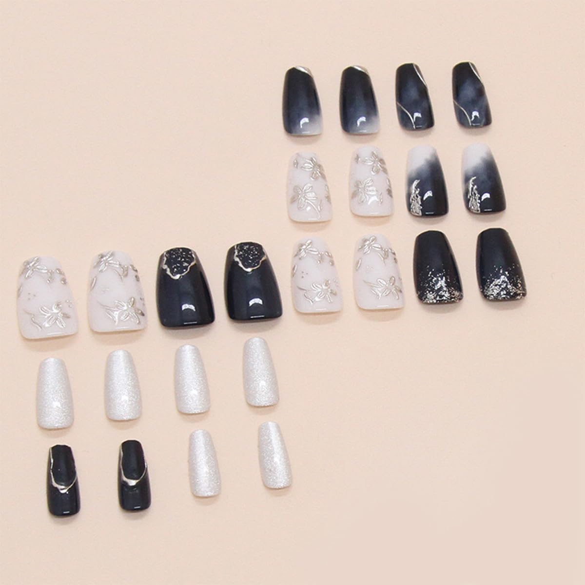 24Pcs Medium Blue Coffin Press on Nails with Silver Flower Designs and Glossy Finish - Image 6