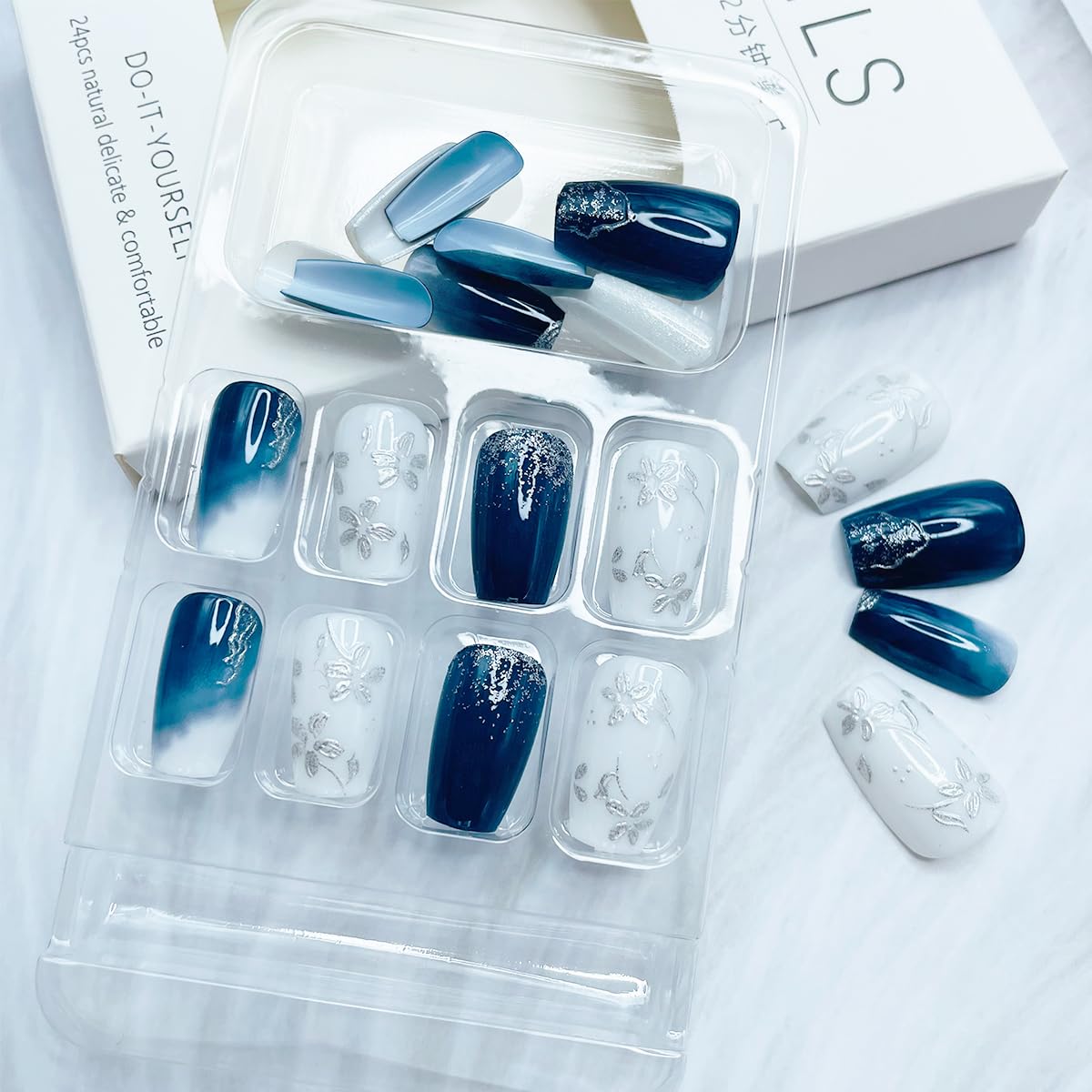 24Pcs Medium Blue Coffin Press on Nails with Silver Flower Designs and Glossy Finish - Image 4