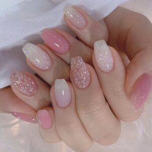 24pcs Pink Glitter Press-on Nails - Medium Coffin Style, Bling Acrylic, Gradient Design, Full Cover French False Nails, Artificial Glue-on Tips for Women & Girls - Glossy Finish