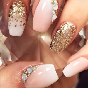 24Pcs Press on Nails with Rhinestones Design, Glossy Gold Glitter Acrylic False Nails Gel Glue on Nails Gradient Medium Coffin Full Cover Fake Nails Stick on Nails Manicure Art for Women Girls